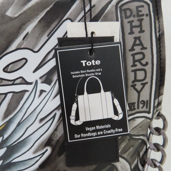 Ed Hardy Black Red Graphic Large Satchel Tote logo skull stud eagle - Picture 3 of 9